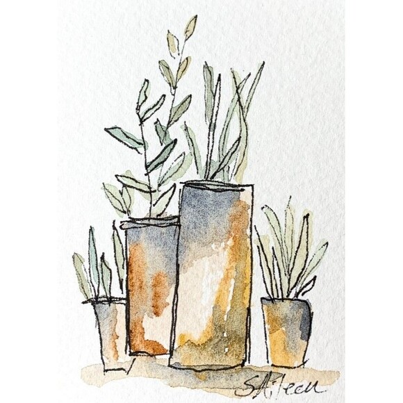 ACEO Painting Watercolor Ink Plants in Terracotta Pots Botanical III Signed - Picture 1 of 2